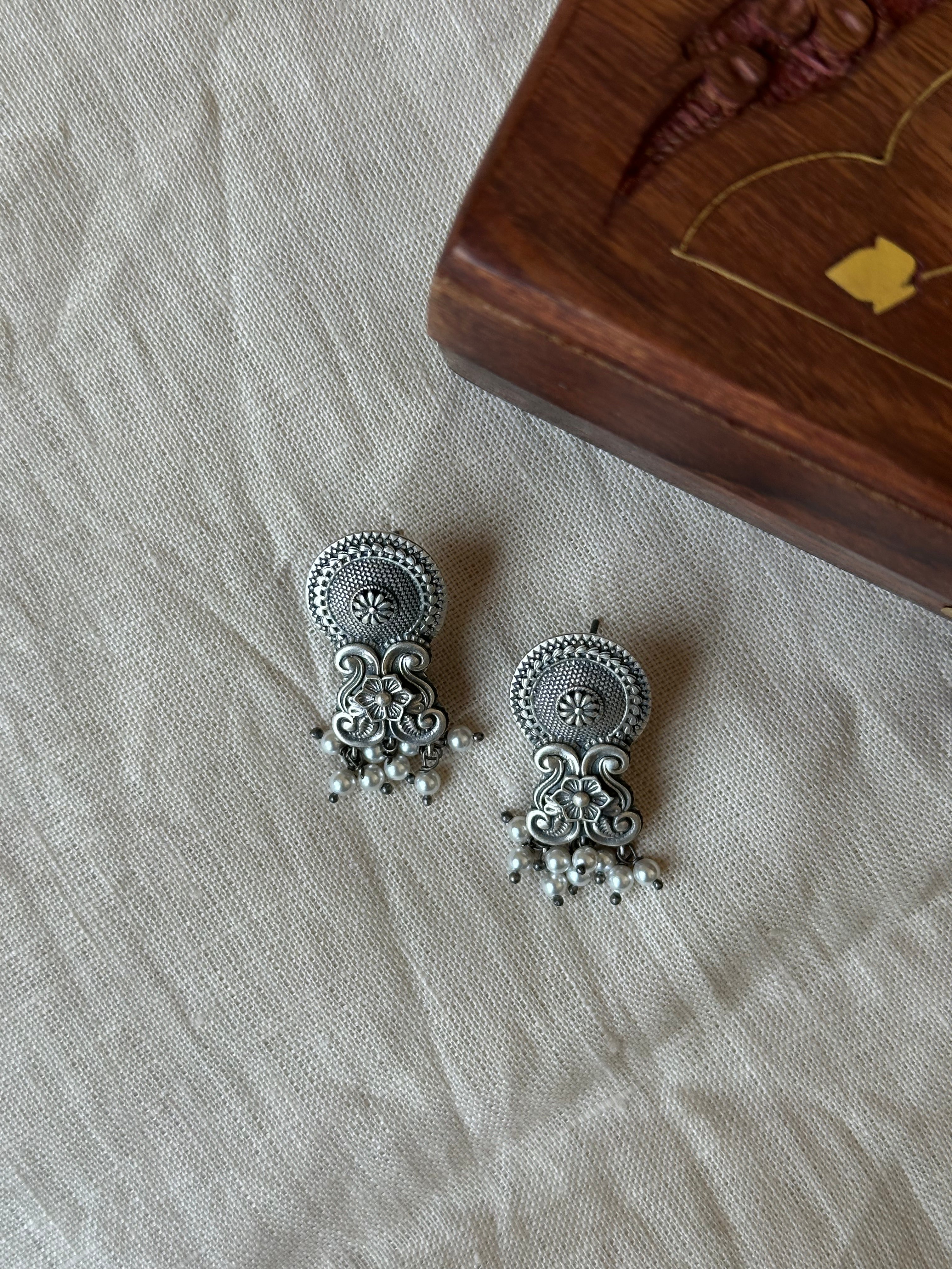 Floral Motif Silver Oxidised Earrings